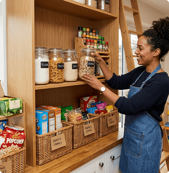 Professional organizer arranging pantry shelves